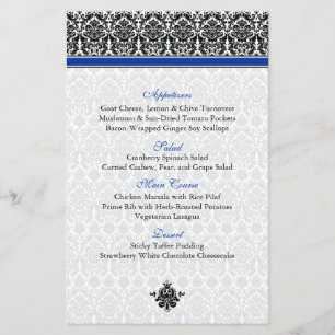 Blue, Black, White Damask Menu Card