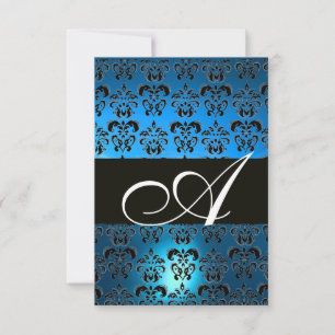 BLUE BLACK WHITE DAMASK MONOGRAM INVITATION