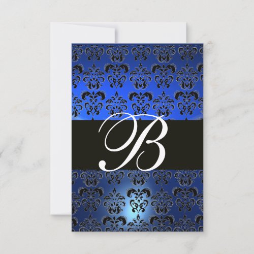 BLUE BLACK WHITE  DAMASK MONOGRAM RSVP INVITATION