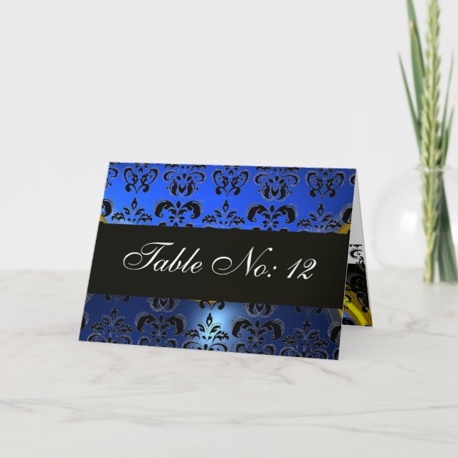 BLUE BLACK WHITE DAMASK SAPPHIRE TABLE SEATING HOLIDAY CARD (Front)