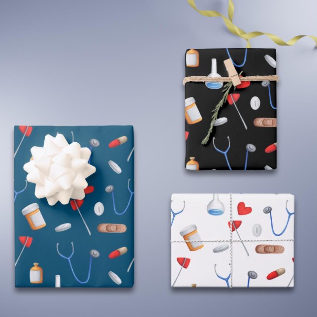 Blue Black White Doctor Nurse Equipment Gift Wrapping Paper Sheets (Creator Uploaded)