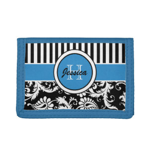 Blue, Black, White Floral, Striped Tri-Fold Wallet
