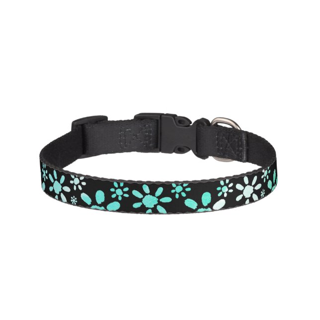 Blue Black White Flower Floral Pattern Pet Collar (Front)