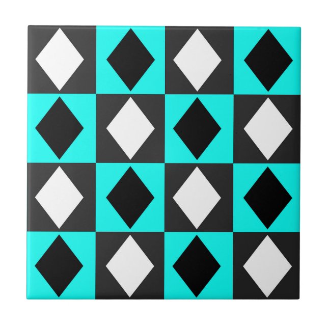 Blue Black White Geometric Rhombus Diamond Ceramic Tile (Front)