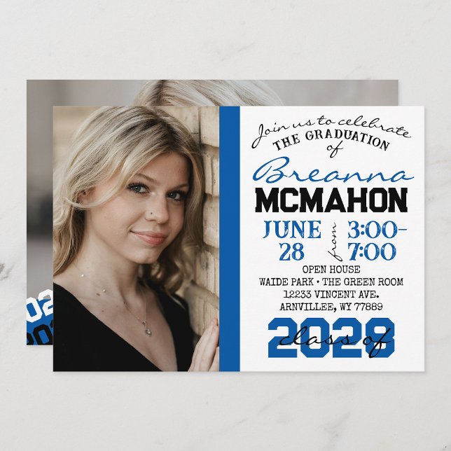 Blue, Black & White Graduation 2 Photo Invitation (Repeating Class Year 1 & 2 Photo Graduation Invitations & Announcements)