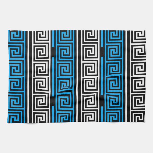Blue Black White Greek Key Fret Pattern Design  Kitchen Towel (Horizontal)