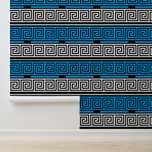 Blue Black White Greek Key Fret Pattern Design Wallpaper