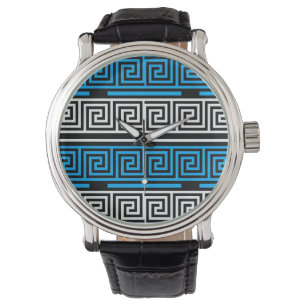 Blue Black White Greek Key Fret Pattern Design  Watch