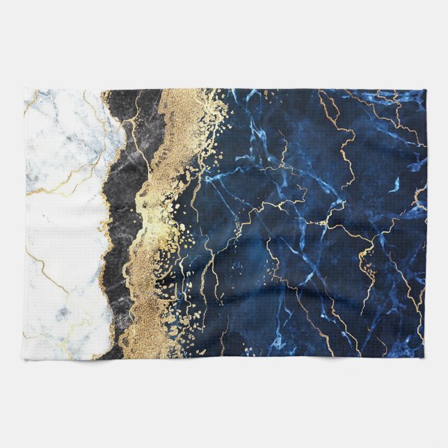 Blue Black White Marble Glam Kitchen Towel (Horizontal)