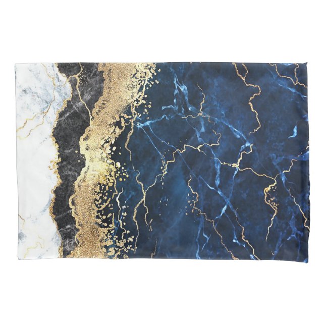 Blue Black White Marble Glam Pillow Case (Front)