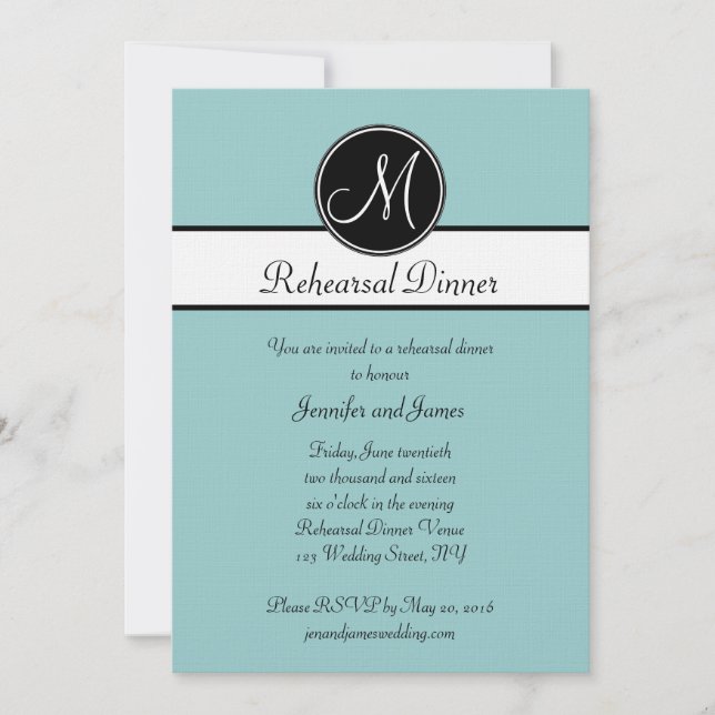 Blue Black White Monogram Rehearsal Dinner Invitation (Front)