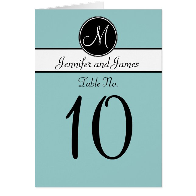 Blue Black White Monogram Table Number Cards (Front)