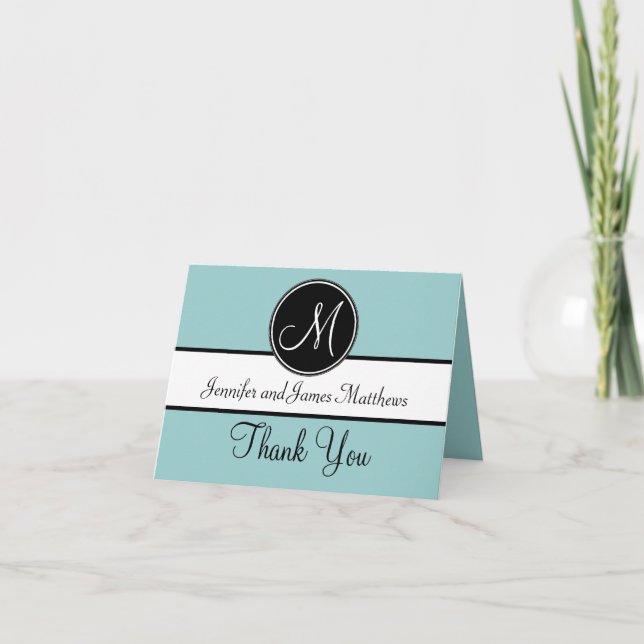 Blue Black White Monogram Wedding Thank You Cards (Front)