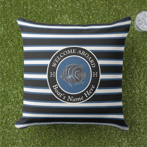 Blue Black White  Nautical Boat Name Fish Welcome Outdoor Pillow
