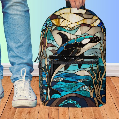 Blue Black White Orka Whale Stain Glass look  Printed Backpack