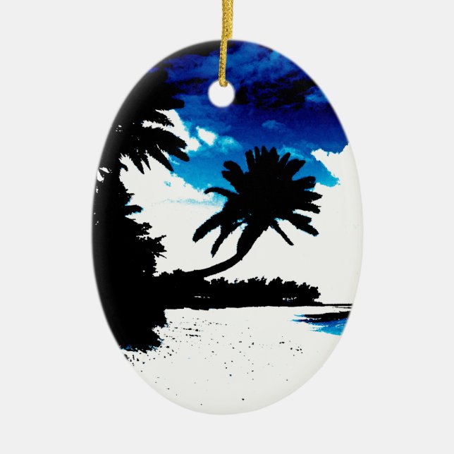 Blue Black White Palm Tree Beach Ornament (Front)