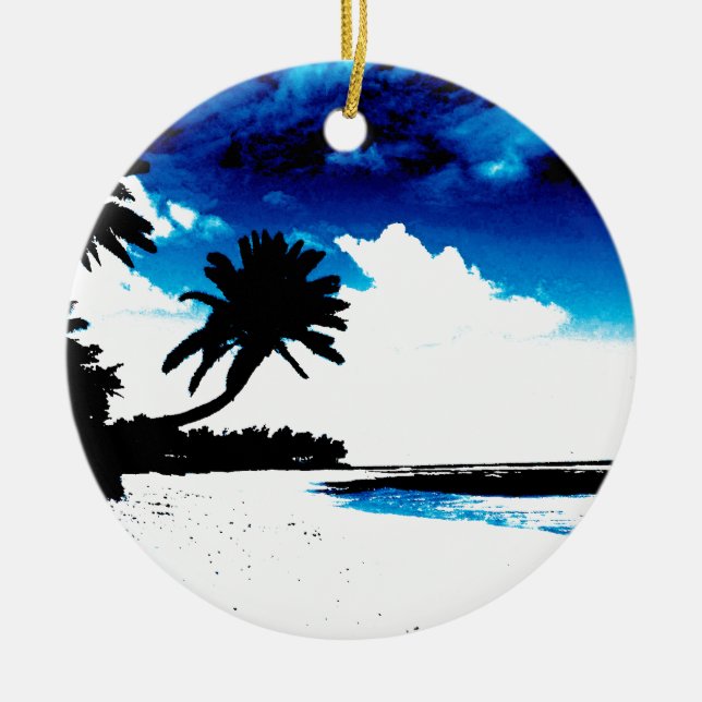 Blue Black White palm Tree Silhouette Ceramic Ornament (Front)