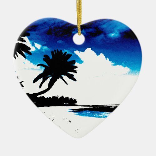 Blue Black White palm Tree Silhouette Ceramic Ornament