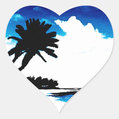 Blue Black White palm Tree Silhouette Heart Sticker