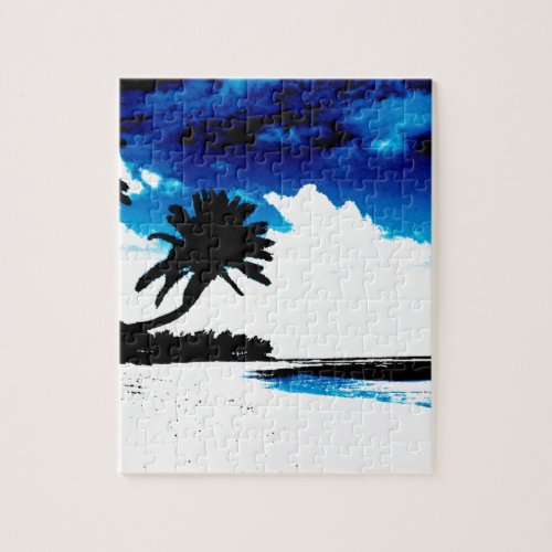 Blue Black White palm Tree Silhouette Jigsaw Puzzle