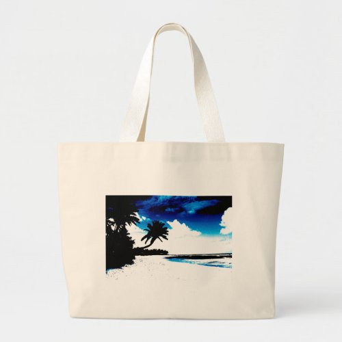 Blue Black White palm Tree Silhouette Large Tote Bag