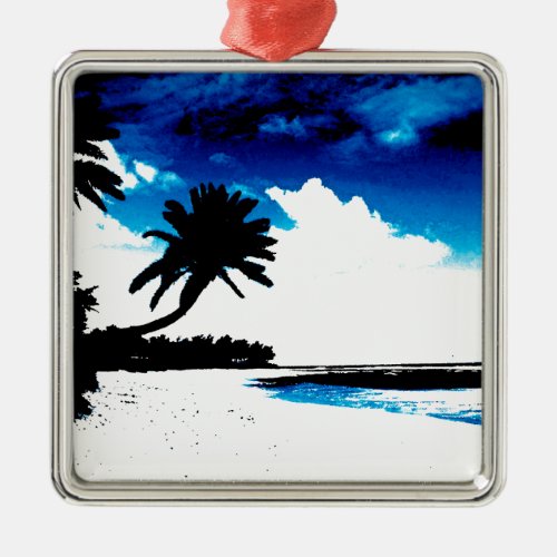 Blue Black White palm Tree Silhouette Metal Ornament