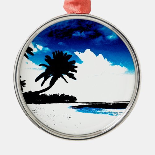 Blue Black White palm Tree Silhouette Metal Ornament