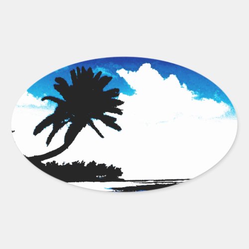 Blue Black White palm Tree Silhouette Oval Sticker