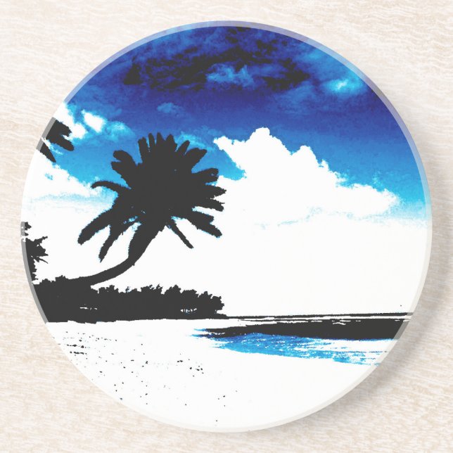 Blue Black White palm Tree Silhouette Sandstone Coaster (Front)