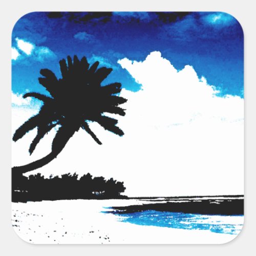 Blue Black White palm Tree Silhouette Square Sticker