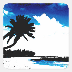 Blue Black White palm Tree Silhouette Square Sticker
