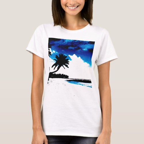 Blue Black White palm Tree Silhouette T_Shirt