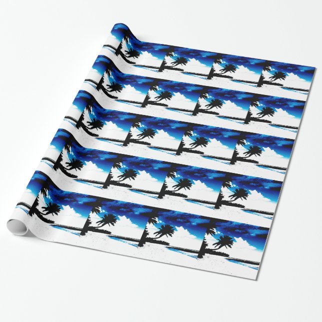 Blue Black White palm Tree Silhouette Wrapping Paper (Unrolled)