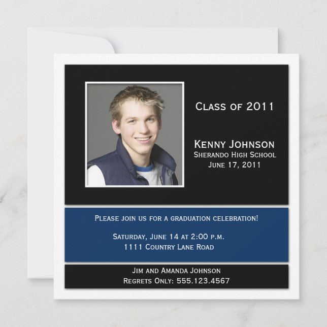 Blue Black White Photo Graduation Invitation (Front)