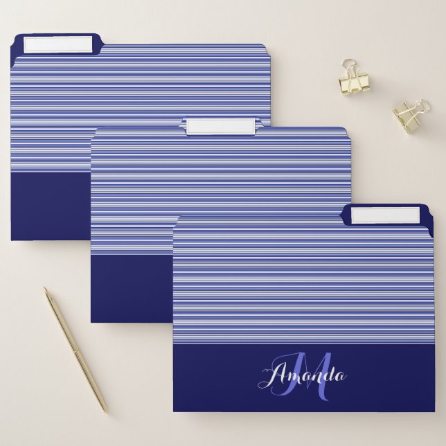 Blue Black & White Pinstripes with Solid Color File Folder (Set)