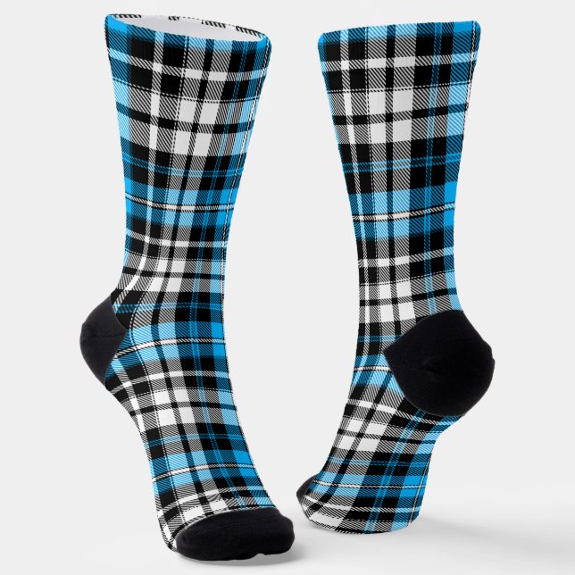 Blue Black White Plaid Tartan Pattern Design  Socks (Angled)