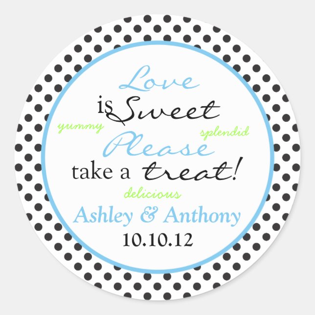 Blue Black White Polka Dot Candy Buffet Stickers (Front)