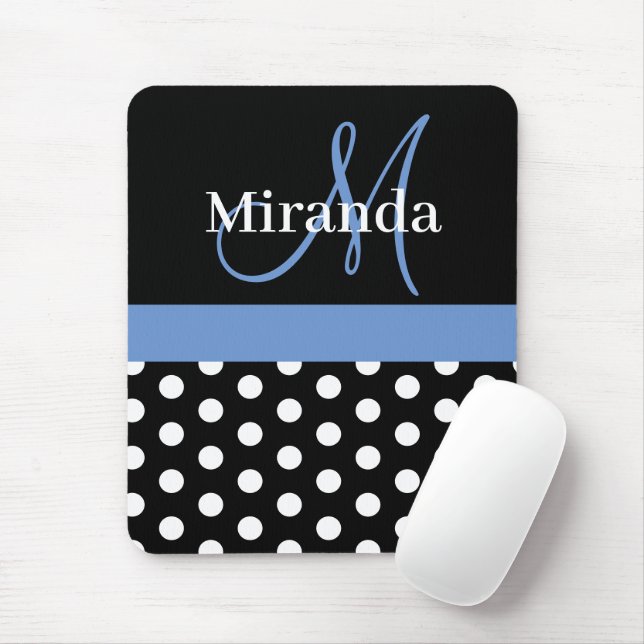 Blue Black White Polka Dot Monogram Mouse Pad (With Mouse)