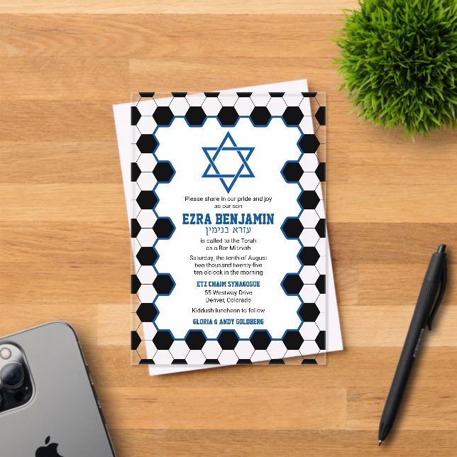 Blue Black White Soccer Ball Bar Mitzvah Acrylic Invitations (Insitu (Invitation Card))