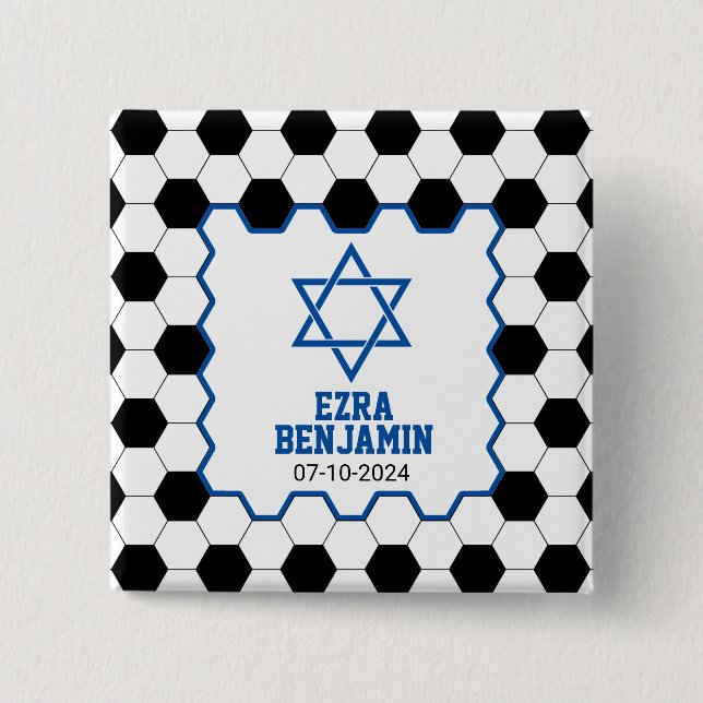 Blue Black White Soccer Ball Bar Mitzvah Button (Front)