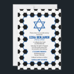 Blue Black White Soccer Ball Bar Mitzvah Invitation<br><div class="desc">Soccer themed Bar Mitzvah invitation with a soccer ball background and blue accents. This soccer Bar Mitzvah invitation is stylish and modern. This soccer themed Bar Mitzvah invitation features a black and white soccer ball pattern background with a Jewish Star of David. The colors on this unique soccer themed Bar...</div>