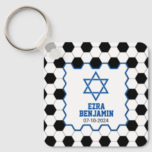 Blue Black White Soccer Ball Bar Mitzvah Keychain