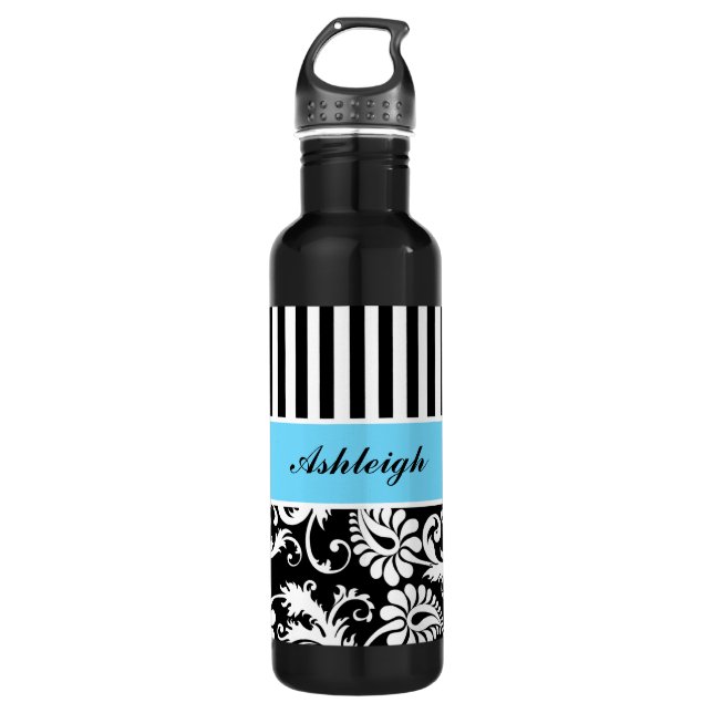 Blue, Black, White Striped Damask Water Bottle (Front)