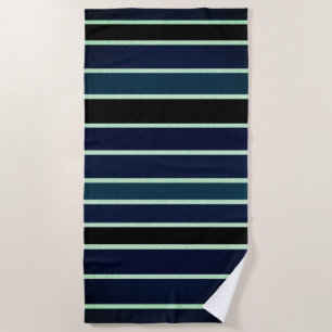 Blue, Black & White Stripes Beach Towel