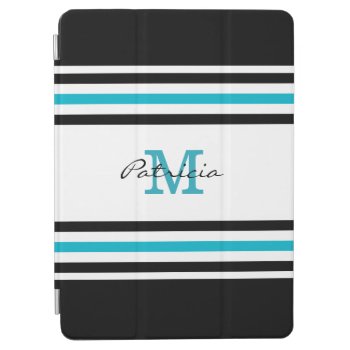 Blue Black White Stripes Custom Monogram Ipad Air Cover by InitialsMonogram at Zazzle