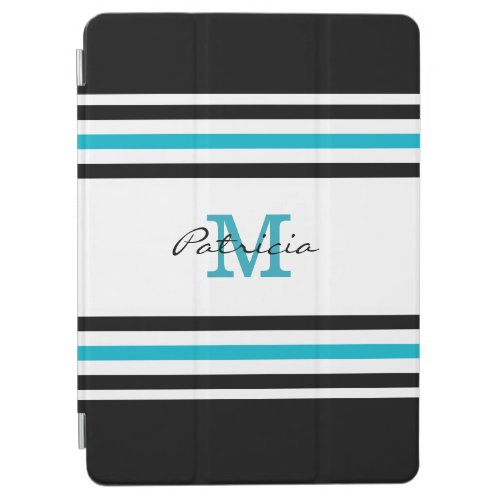 Blue Black White Stripes Custom Monogram iPad Air Cover