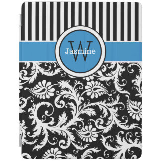 Blue Black White Stripes, Damask iPad 2/3/4 Cover