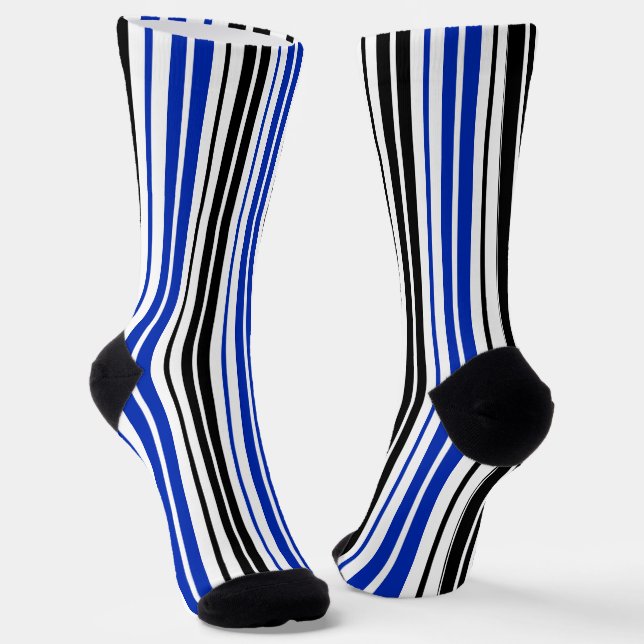 Blue Black White Stripes Pattern Design  Socks (Angled)