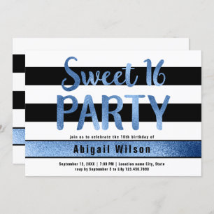 Blue black white sweet sixteen birthday party invitation