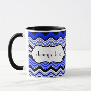 Blue, Black, White Wavy Stripes Personalized Mug